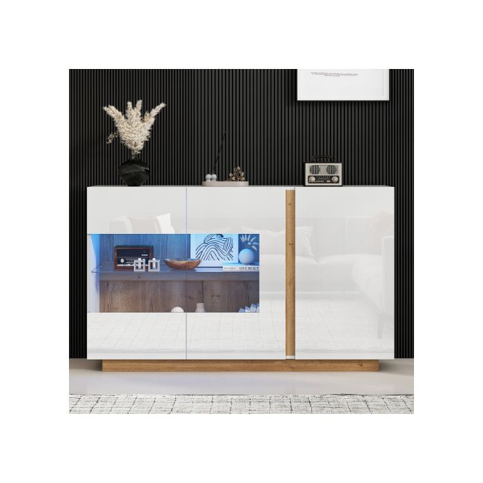 MUVOE Buffet-Kommode in Weiß mit integrierter Beleuchtung und Glas, moderne Flurkommode mit Holzsockel, B/T/H: 138 x 38,5 x 90,5 cm - Bild 2