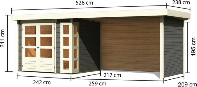 KARIBU Gartenhaus Kerko 3 aus Holz in Terragrau mit Anbaudach und Rück- sowie Seitenwand, B/H/T: 242 x 217 x 280 cm - Bild 2