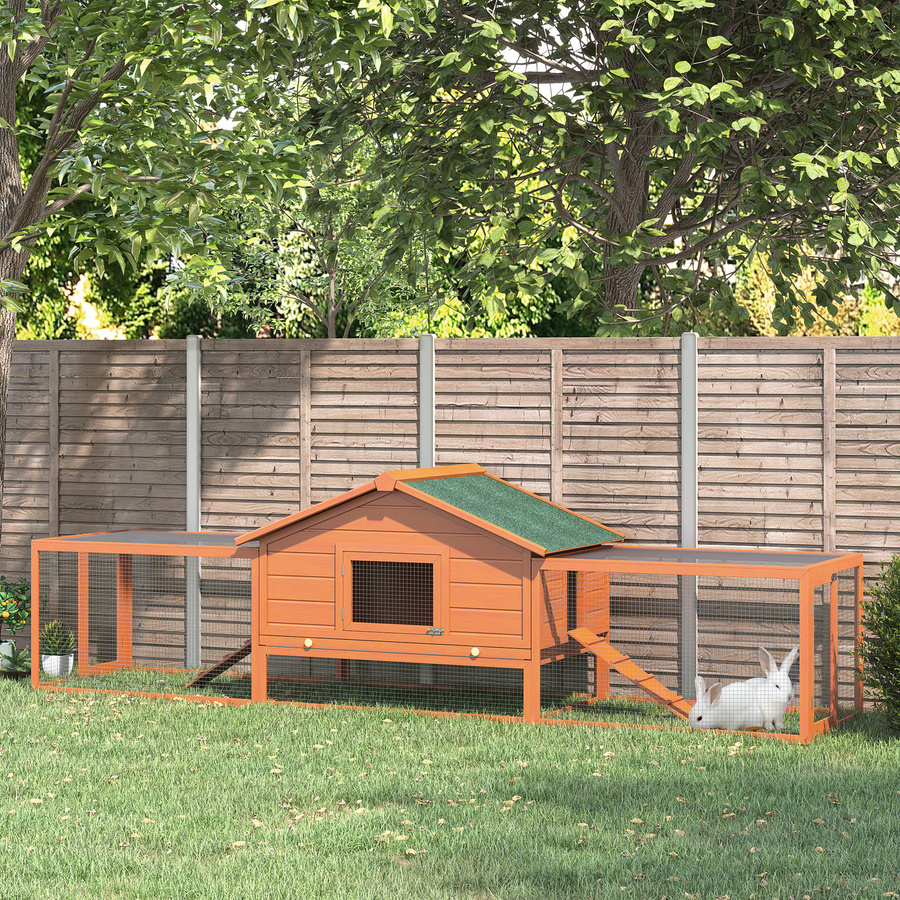 PawHut Kleintierstall mit 2 Freigehegen und 2 Rampen, Hasenkäfig aus Naturholz und Metalldraht mit wetterfestem Asphalt-Dach, B/T/H: 309 x 79 x 86 cm - Bild 2