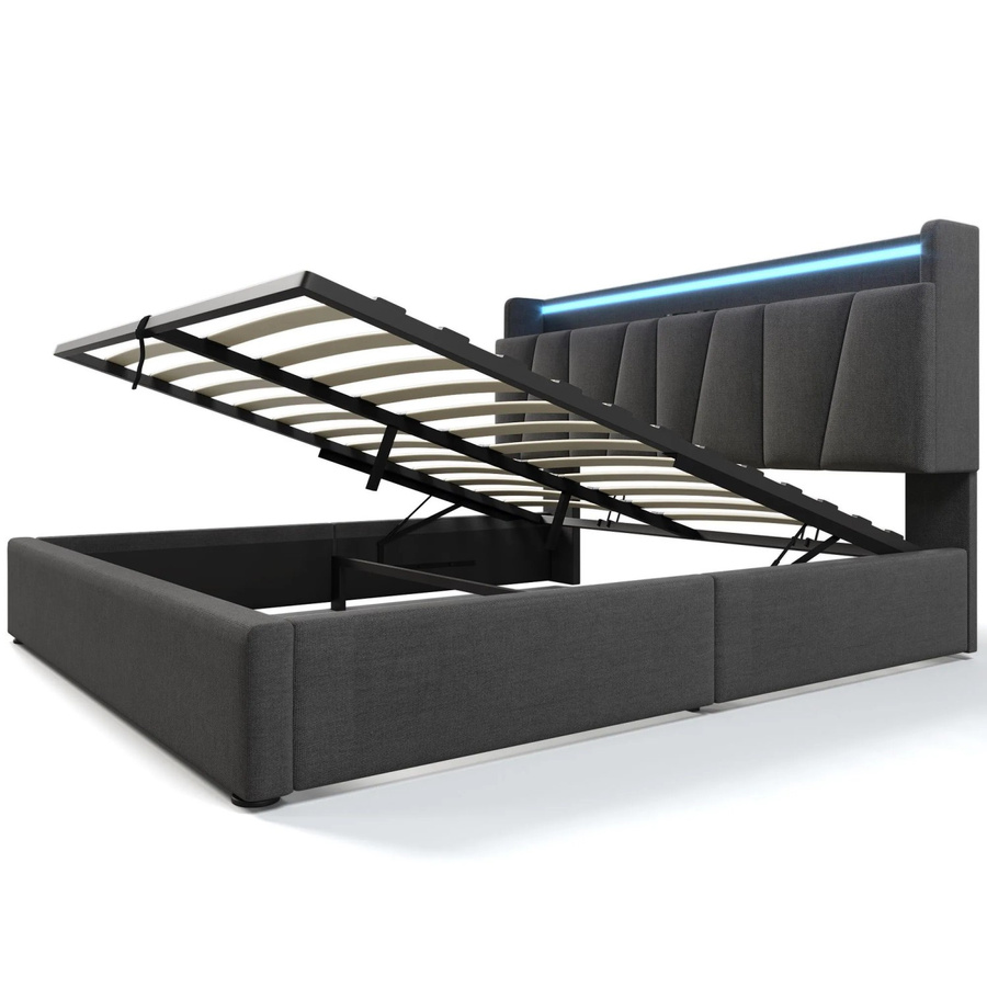 Merax Polsterbett mit LED-Unterbettbeleuchtung, USB-Anschluss und Stauraum in Grau, B/T/H: 140 x 200 x 105 cm (Maße basierend auf den bereitgestellten Daten für Breite/Länge/Höhe) - Bild 2