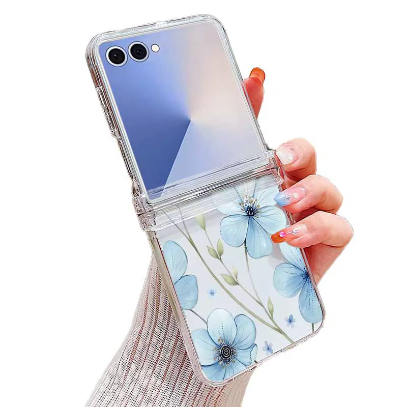Transparente Samsung Galaxy Z Flip Handyhülle mit blauem Blumenmuster, stoßfeste PC-Schutzhülle - Bild 6
