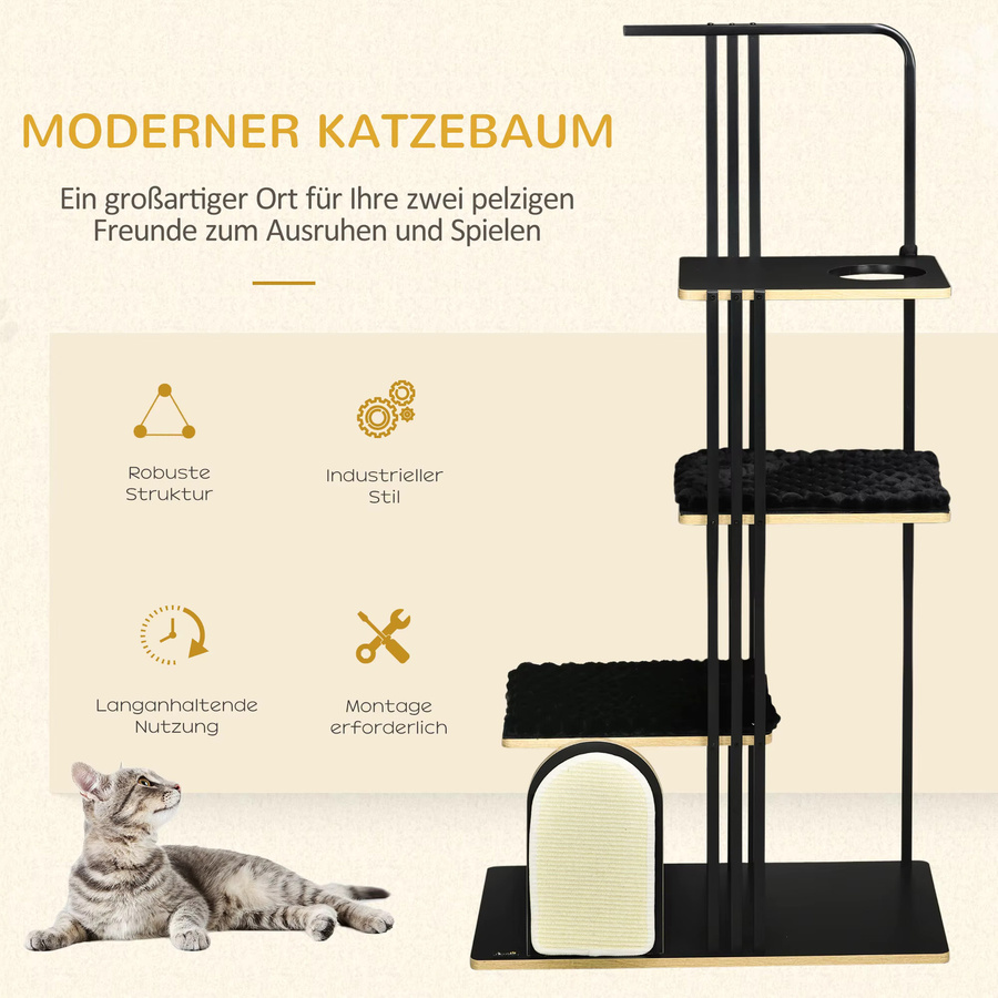 Svintora Katzen-Kratzbaum im Industrial Design mit Metallrahmen, drei Holzplattformen, zwei Plüsch-Liegematten und Sisal-Kratzwand in Schwarz Matt - Bild 6