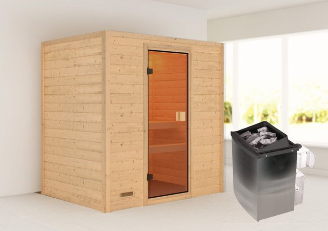 Woodfeeling Massivholzsauna Selena aus Fichte mit 9 kW Ofen, integrierter Steuerung und bronzierter Glastür, Farbe Braun/Bronze, B/T/H: 195 x 145 x 187 cm - Bild 3