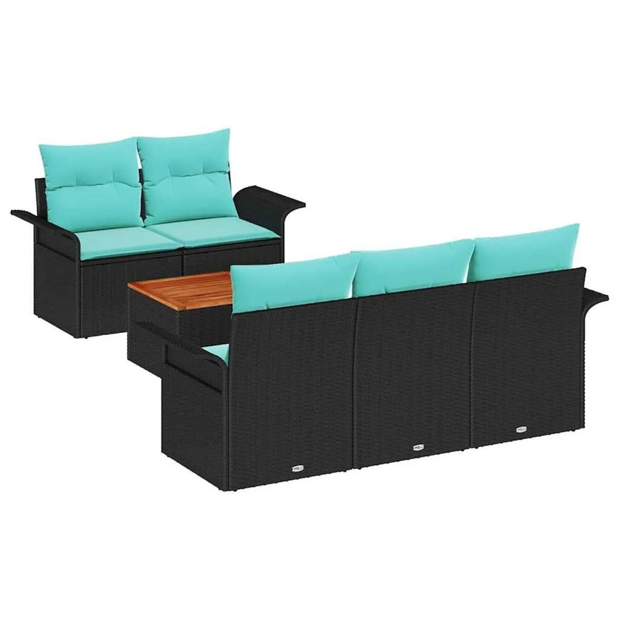 vidaXL Gartenmöbel-Set aus Poly-Rattan und Akazie in Schwarz-Türkis, 6-teiliges Lounge-Set mit Tisch, Armlehnstühlen und Mittel-Sitz mit Stauraumfunktion - Bild 2