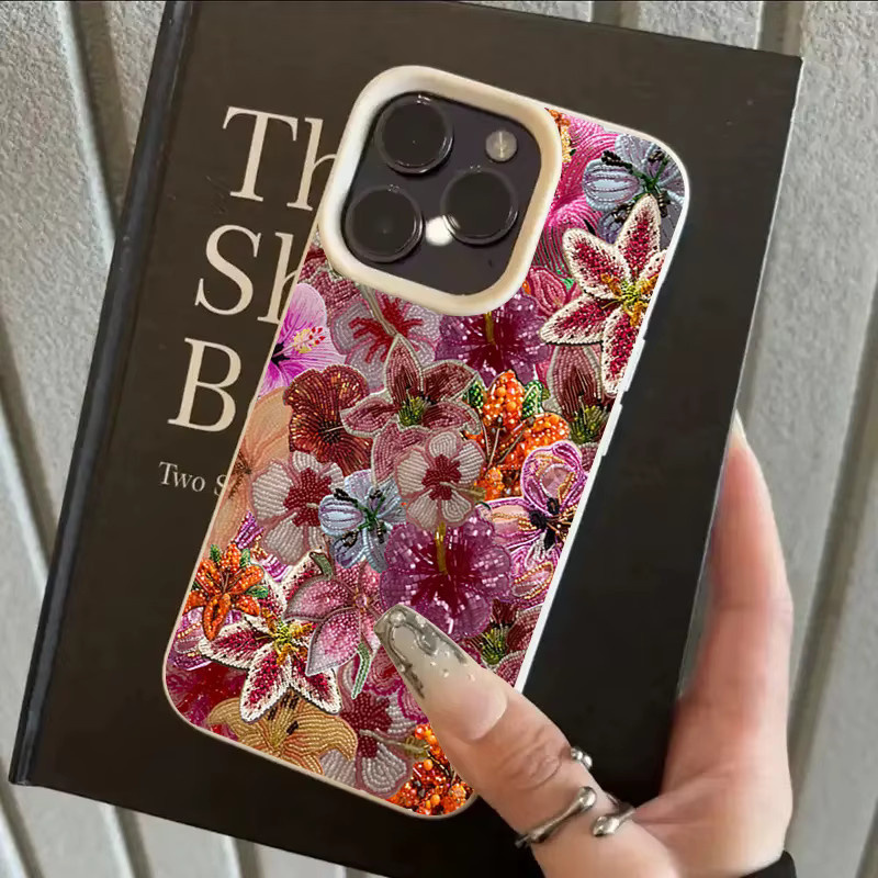 Luxuriöse Silikon-Handyhülle mit Perlen-Blumen-Design und Litschi-Textur für Apple iPhone 17 16 15 14 13 12 11 Pro Max Plus in Multicolour - Bild 4
