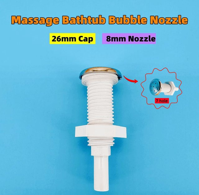 Seven Hole Straight Bubble Nozzle mit 8mm Düse und 26mm Chrom Cap sowie PVC Base für Hot Tub und Massage-Badewanne in Silber und Weiß - Bild 1