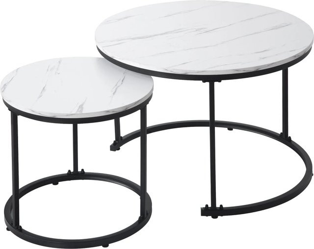 okwish 2er-Set Couchtisch Rund im Marmormuster Weiß, Geschachtelte Beistelltische für dein Wohnzimmer, Durchmesser: 71 cm, Höhe: 50 cm - Bild 1