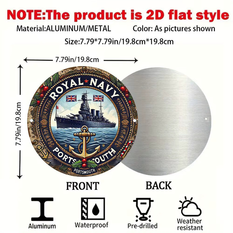 Potdemiel Vintage Metallblechschild Royal Navy Portsmouth mit U-Boot-Illustration, Blau/Mehrfarbig, B/H: 20,3 x 20,3 cm - Bild 2