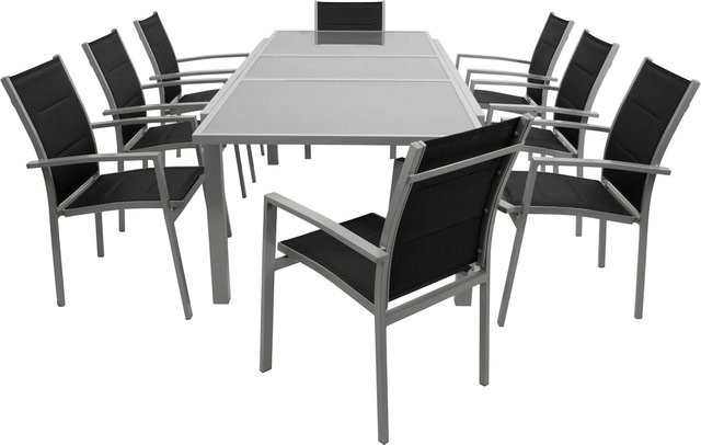 DEGAMO Gartenmöbel Garnitur PISA 9-teilig aus Aluminium in Silbergrau mit Glas und schwarzem Kunstgewebe - Bild 1