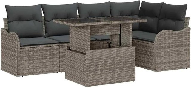 vidaXL Garten-Sofa-Set 6-teilig in Grau aus Poly Rattan mit Kissen und Tisch im L-Shape Design - Bild 1