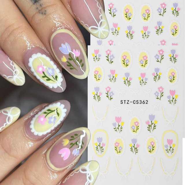Full Beauty Nagelkunst-Aufkleber, Tulpenblumen mit Spitze und Schleifenmuster - Bild 1