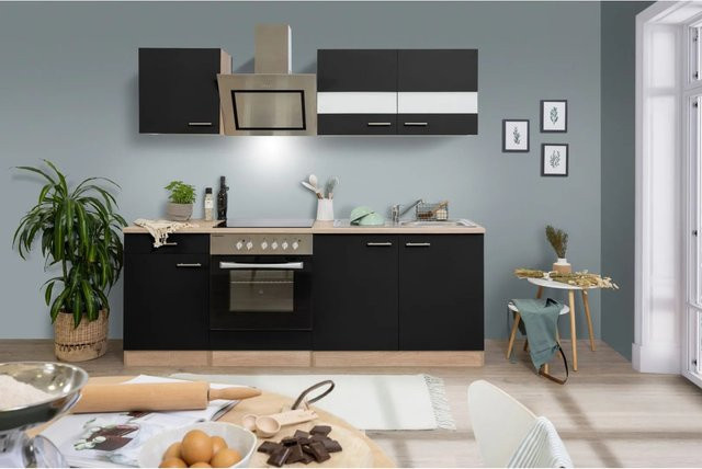 Respekta Economy Küchenzeile KB210ESSSC in Schwarz-Eiche Sägerau mit Glastüren und Soft-Close-Funktion, Breite: 210 cm, Tiefe: 60 cm - Bild 1
