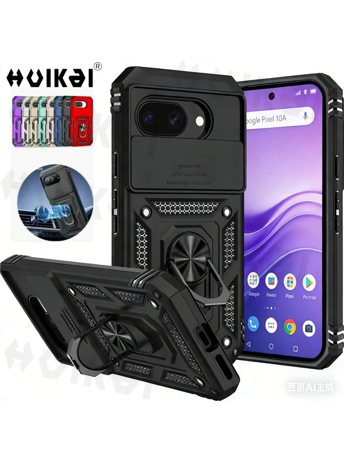 Huikai Stoßfeste Panzerhülle mit Kamera-Schutzhülle, Schiebeverschluss und magnetischem Ständer für Google Pixel 10 Pro XL, 10 Pro, 10A, 9 Pro, 9A in Schwarz - Bild 5