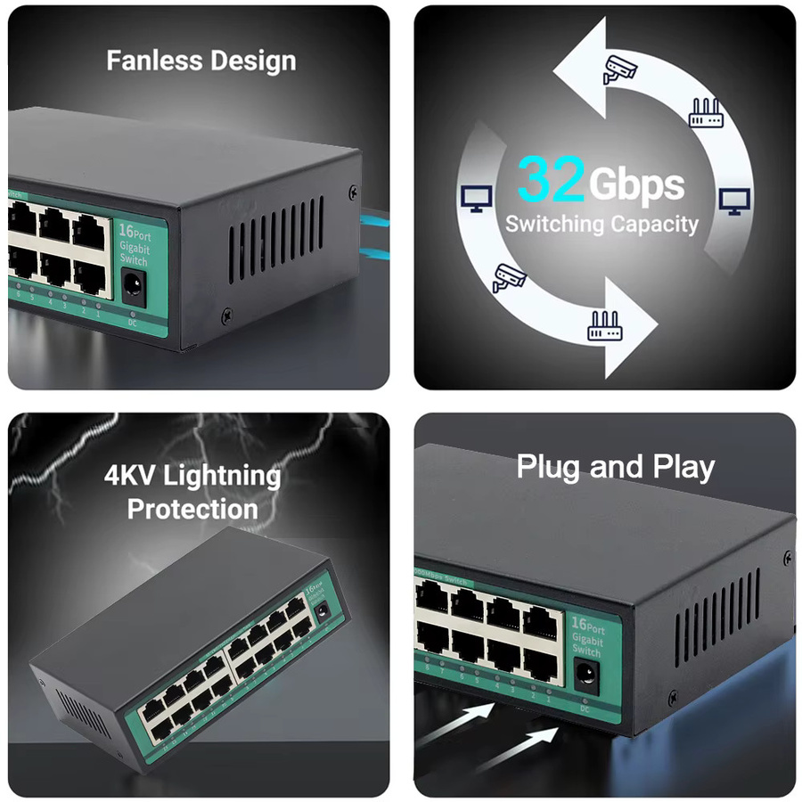 Tellyee 16-Port Gigabit Ethernet Switch 10/100/1000Mbps Netzwerk-Switch Schwarz - Bild 3