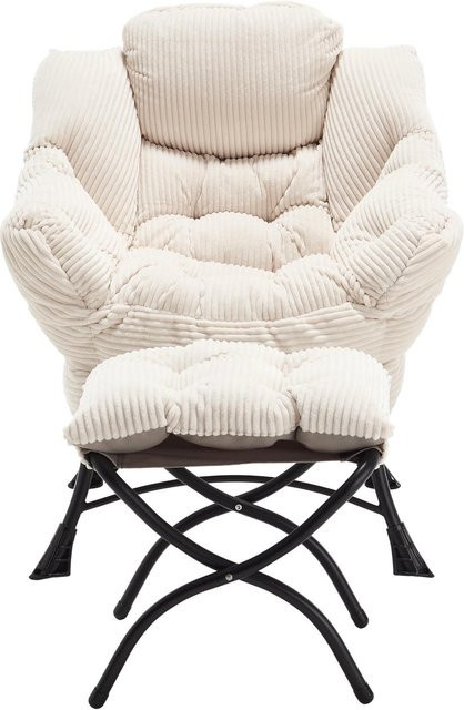 Moderner Lounge-Sessel mit Hocker und Seitentasche in Weiß mit Flanellbezug, B/T/H: 69,9 x 64,0 x 95,0 cm - Bild 1