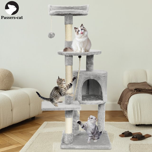 Passerscat Kratzbaum für Katzen in Grau mit Katzenhaus, integriertem Spielzeug und gepolsterten Sitzstangen - Bild 1