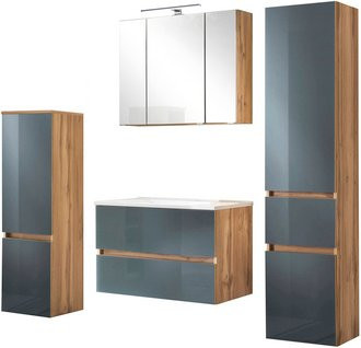 HELD MÖBEL Waschtisch-Set HELSINKI in Grau, 8-teilig mit Waschtischunterschrank, Spiegelschrank und Hochschrank, modern und wandmontiert - Bild 1