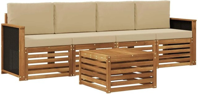 vidaXL Outdoor-Sofagarnitur aus Massivholz Akazie in Natur und Beige mit 5 Teilen und Polsterkissen - Bild 1