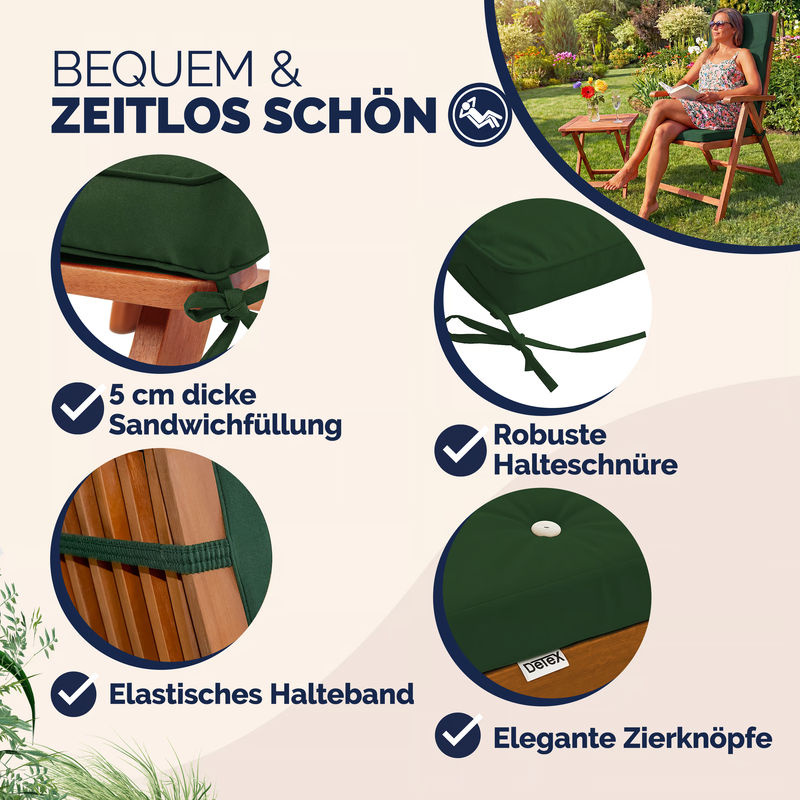 6er-Set Vanamo Stuhlauflagen für Hochlehner in Grün aus wasserabweisendem DETEX Polyester mit Bindebändern, B/T/H: 45 x 45 x 5 cm - Bild 3