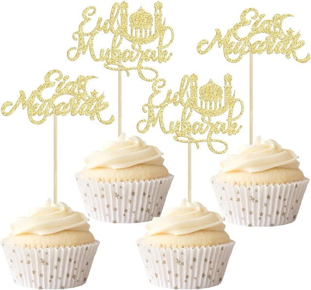 24er-Pack Eid Mubarak Cupcake Topper mit Glitzer Stern und Mond in Gold für Ramadan Kareem und islamische Partydekoration - Bild 1