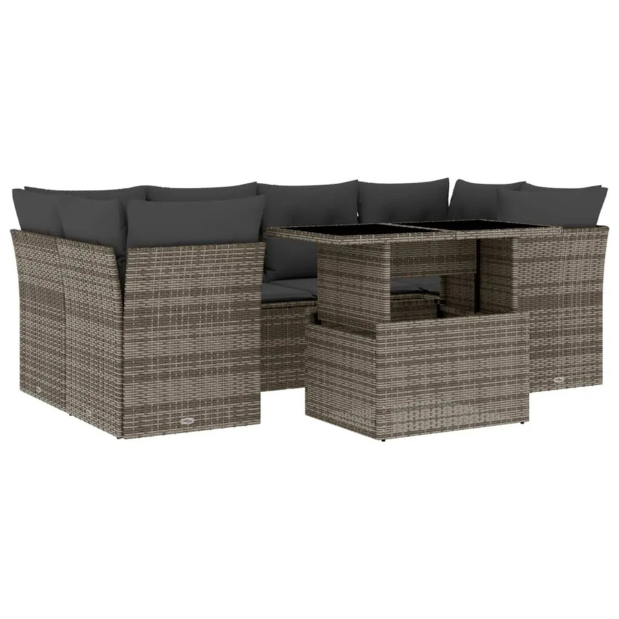 vidaXL 7-tlg. Garten-Sofagarnitur aus Poly-Rattan in Grau mit Kissen und Tisch, L-Form - Bild 2
