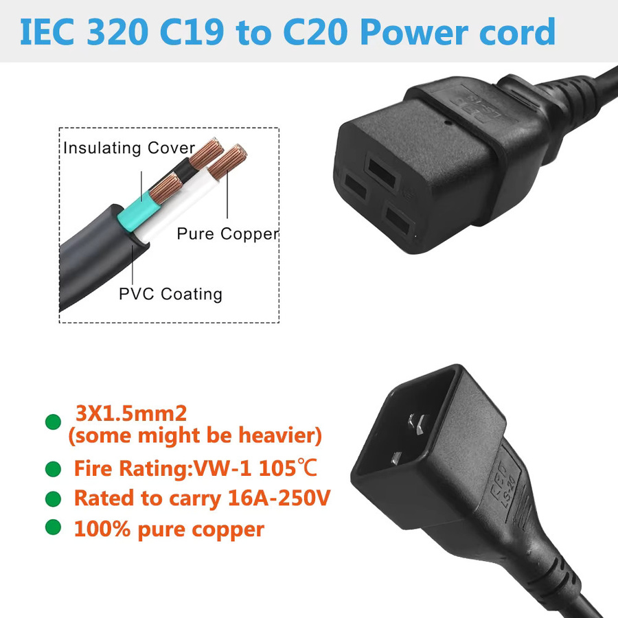 HDmatters IEC C19 zu C20 Stromkabel Hochleistungs-Verlängerungskabel in Schwarz - Bild 3