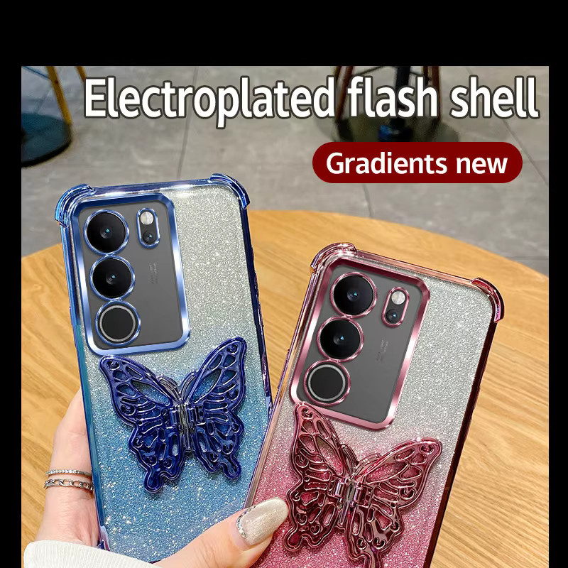 Stoßfeste Glitzer-Schmetterlings-Handyhülle für Vivo V40 Lite V29 V27 V25 23 Pro mit weicher TPU-Rückseite in Pink - Bild 3