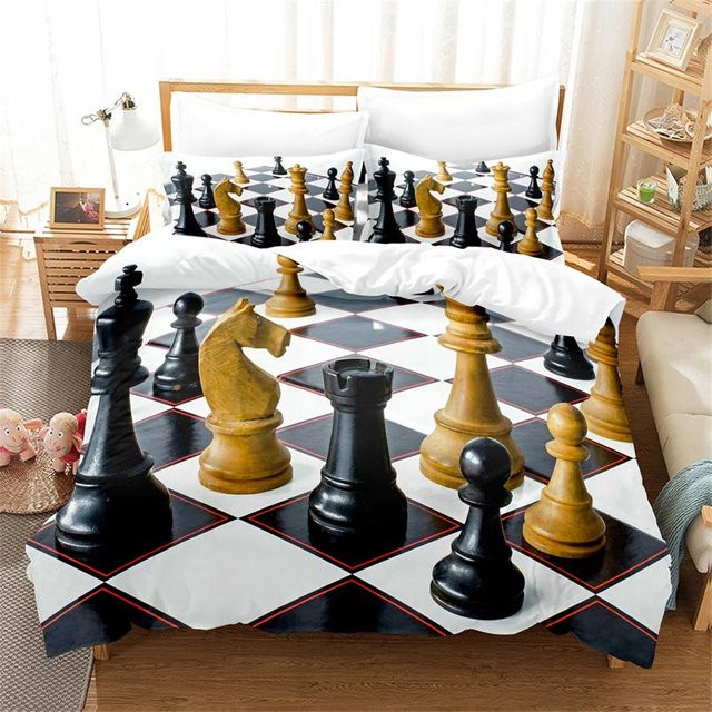 Binchi Bettwäsche Set Schach Digitaldruck Schwarz, 3-teilig aus Mikrofaser mit Bettbezug und Kissenbezügen, B/H: 173 x 218 cm - Bild 1