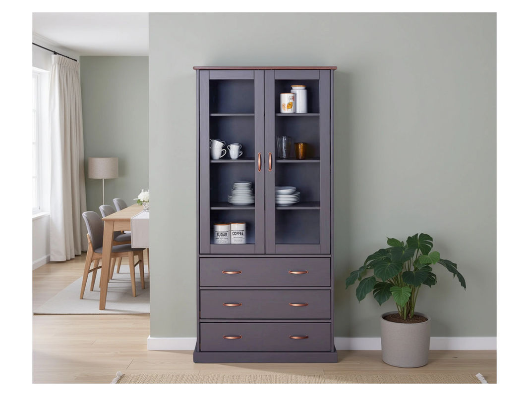 ebuy24 Luzerna Vitrinenschrank aus massivem Kiefernholz mit Glastüren und Schubladen in Grau und Braun im Landhausstil - Bild 3