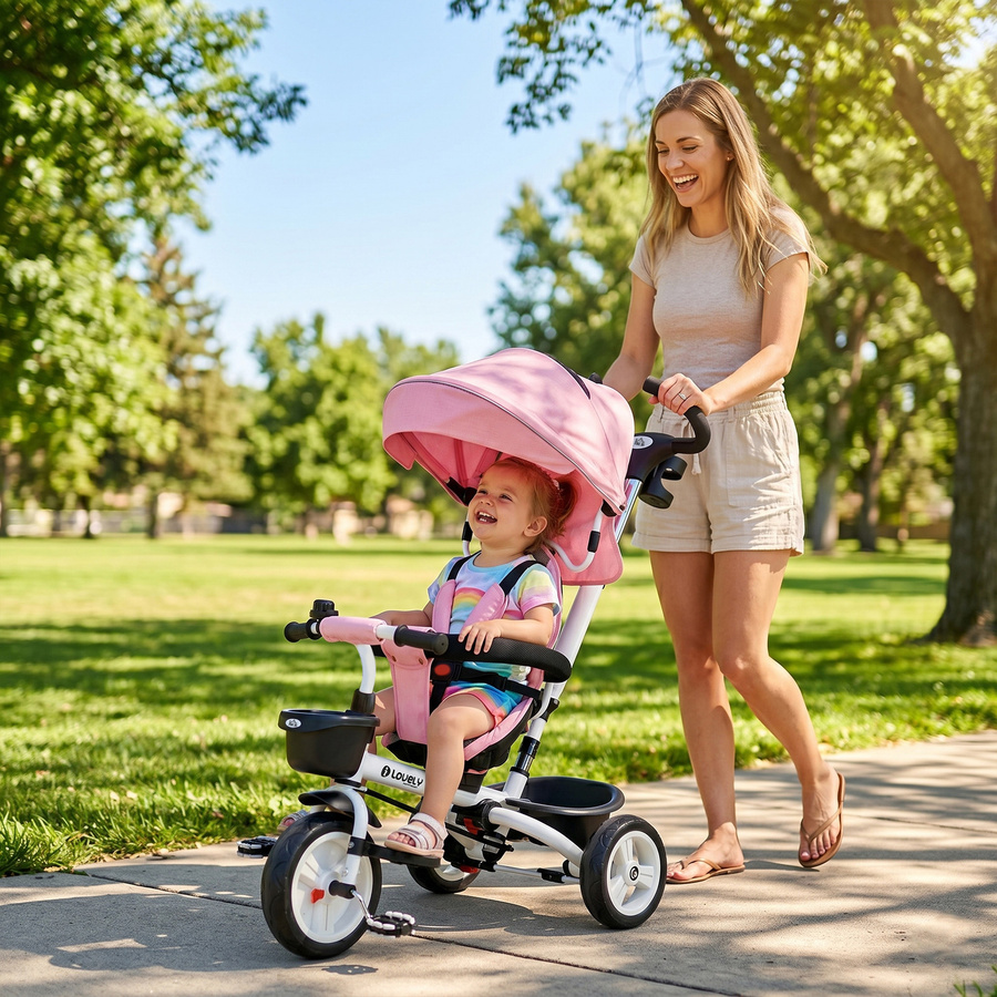 HOMCOM 2in1 Kinderdreirad mit Schubstange und Sonnendach, faltbar, Rosa - Bild 2