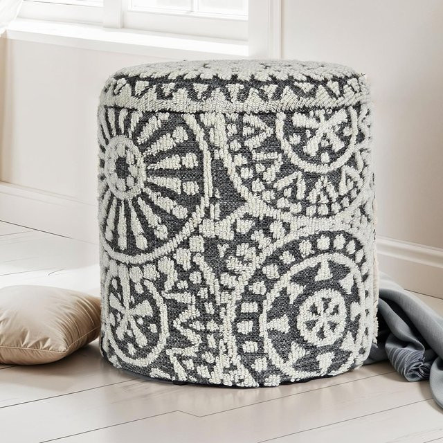 FineBuy Aufbewahrungshocker aus Wolle in Grau-Weiß-Muster im Boho Design, rund, Durchmesser: 40 cm, Höhe: 45 cm - Bild 1