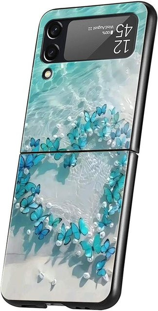 Handyhülle für Samsung Galaxy Z Flip 3 4 5 6 aus hartem PC mit blauem Schmetterling und Meereswellen Design in Grau - Bild 1