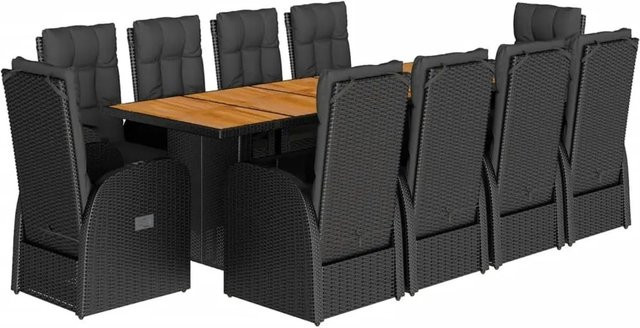 vidaXL 11-tlg. Garten-Essgruppe Modell 45 aus schwarzem PE-Rattan und Akazienholz mit Kissen - Bild 1