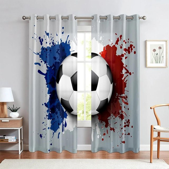 Yiran Furniture Fußball Vorhänge mit Aquarell-Print für Kinderzimmer und Wohnzimmer, 2er-Set, halbtransparent, Mehrfarbig, B: 50 cm, H: 160 cm - Bild 1