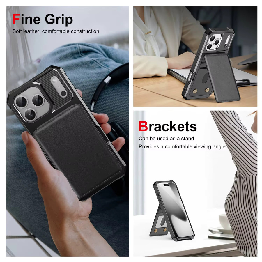 WeFor Brieftaschenhülle für iPhone 17 Pro Max, iPhone 17 Air, iPhone 17 Pro und iPhone 17 mit Kartenfächern, Magnetverschluss und Ständerfunktion, TPU-Stoßstangen-Schutzhülle in Schwarz und Silber - Bild 3