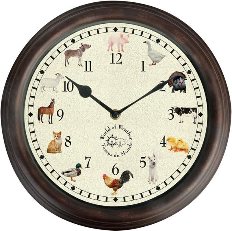 Esschert Design Wanduhr Analog Rund in Braun mit Tiergeräuschen im Landhausstil für Kinder - Bild 1