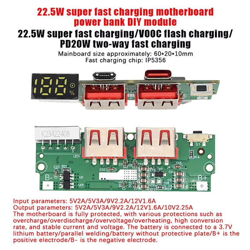 Gmarty Powerbank-Motherboard mit Digitalanzeige für ternäre Lithiumbatterien, Schnelllademodul mit PD und QC, 22,5W, Farbe: Grün - Bild 3