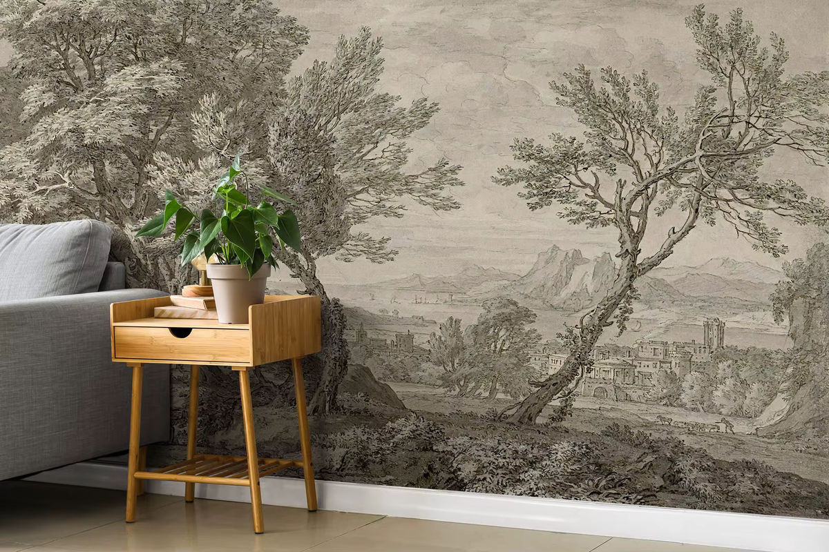Vintage szenische Tapete von Pixel&Wall als Landschaft Panorama Wandbild mit Bäumen in Schwarz-Weiß-Grau im Bleistift-Stil - Bild 2