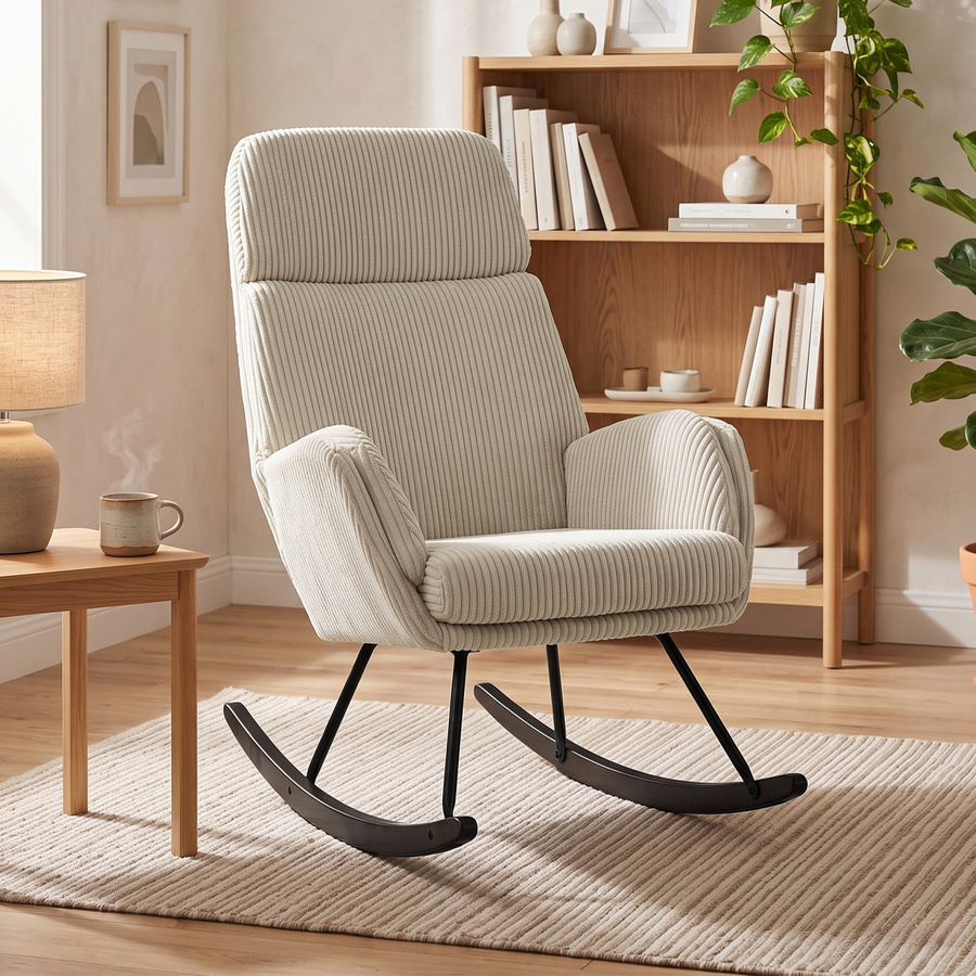 HOMCOM Schaukelstuhl aus Cordvelours mit hoher Rückenlehne und Armlehnen in Beige - Bild 2