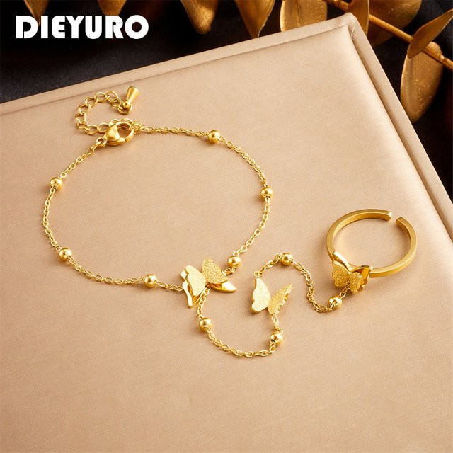 Dieyuro Fingerring Kette Armband, Edelstahl, Gold, Damen - Bild 1