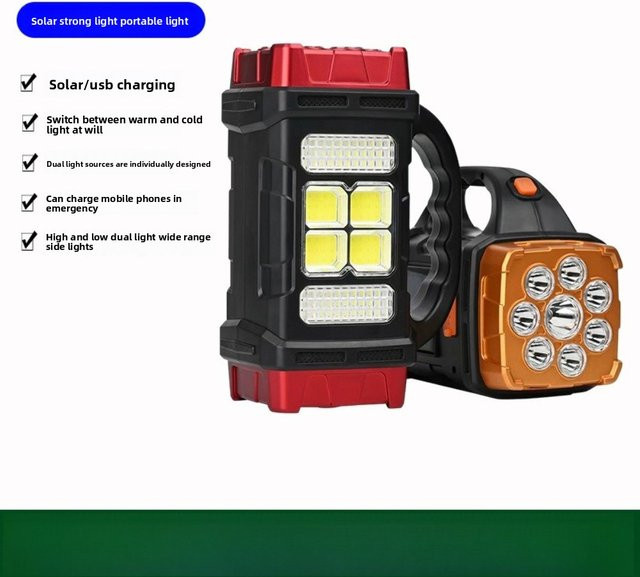 COB-Multifunktions-Solar-Notfall-Taschenlampe in Orange mit starker LED-Beleuchtung und USB-Ladefunktion für Camping und Outdoor-Einsätze - Bild 1