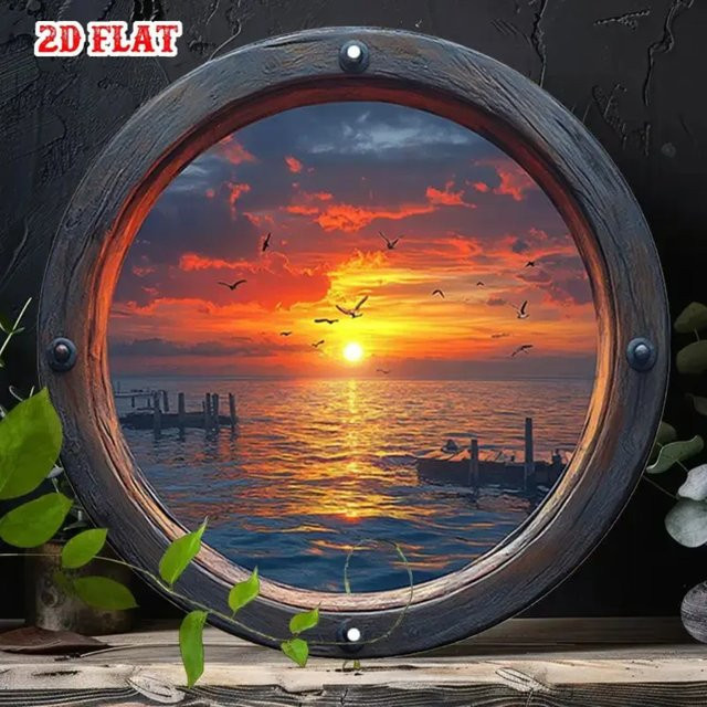 HELLOYOUNG Aluminium Wandschild Rund mit Meereslandschaft und Sonnenuntergang in Multicolour - Bild 1