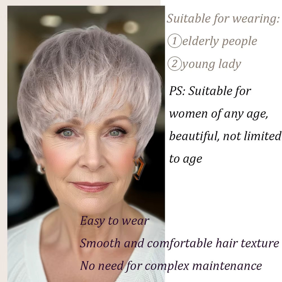 OYM HAIR Pixie-Schnitt-Perücke, Remy-Echthaar, silbergrau, Damen - Bild 2