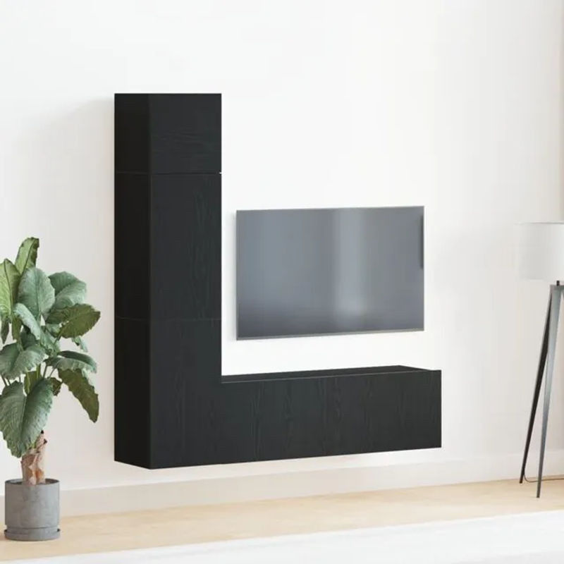vidaXL 3-teiliges TV-Schrank-Set Modern in Schwarz und Eiche aus Holzwerkstoff zur Wandmontage mit Drehtüren, B: 140 cm, H: 30 cm, T: 130,5 cm - Bild 1