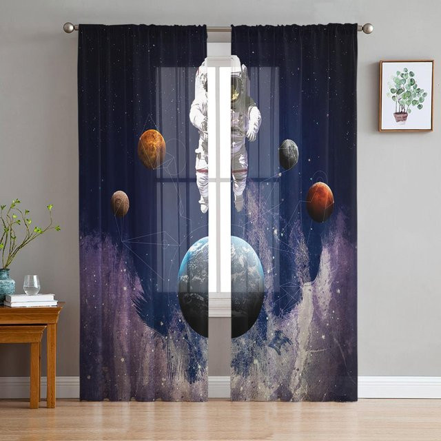 Super Six Transparente Tüllvorhänge mit Weltraum-Motiv Rakete und Planeten, Farbe: Transparent/Blau, B: 135 cm, H: 114 cm - Bild 1