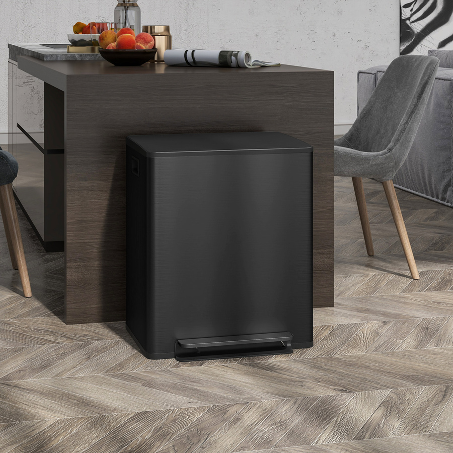 HOMCOM Doppel-Treteimer aus Edelstahl mit Deckel und Inneneimern, 2x25L, Silber/Schwarz, B/T/H: 47,7 x 37,5 x 56 cm - Bild 2