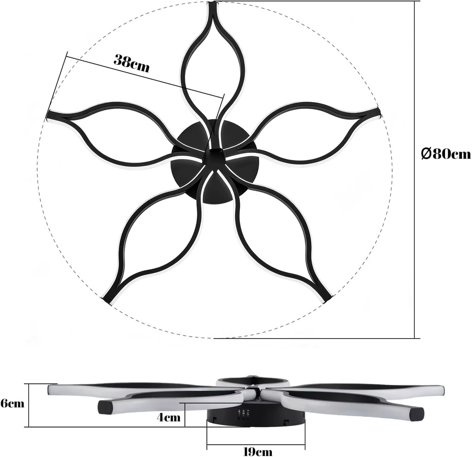 GBLY LED-Deckenleuchte in Schwarz mit 5 Blütenblättern, 75W, dimmbar mit Fernbedienung, Durchmesser: 80 cm - Bild 3