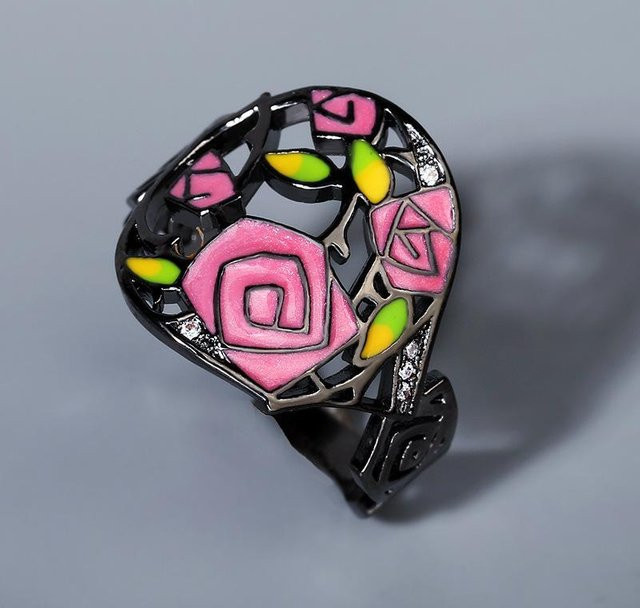 YIRAN Ring Damen, handbemalt, Emaille, Blumenring, schwarz, No. 10 - Bild 1