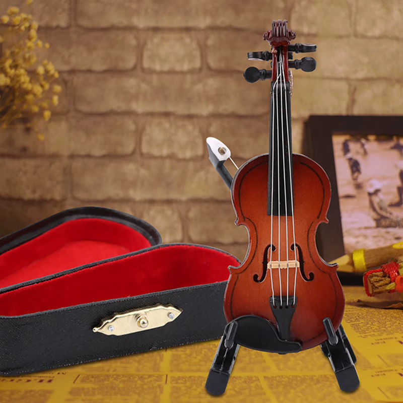 Qiilu Miniatur-Geigenmodell aus Holz in Braun mit Ständer und Gehäuse als Puppenhaus-Zubehör und dekoratives Musikinstrumentenmodell - Bild 5