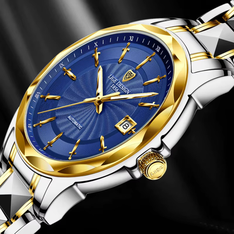 LIGE Armbanduhr Automatik, Edelstahl, Wolfram, Blau, Herren - Bild 4